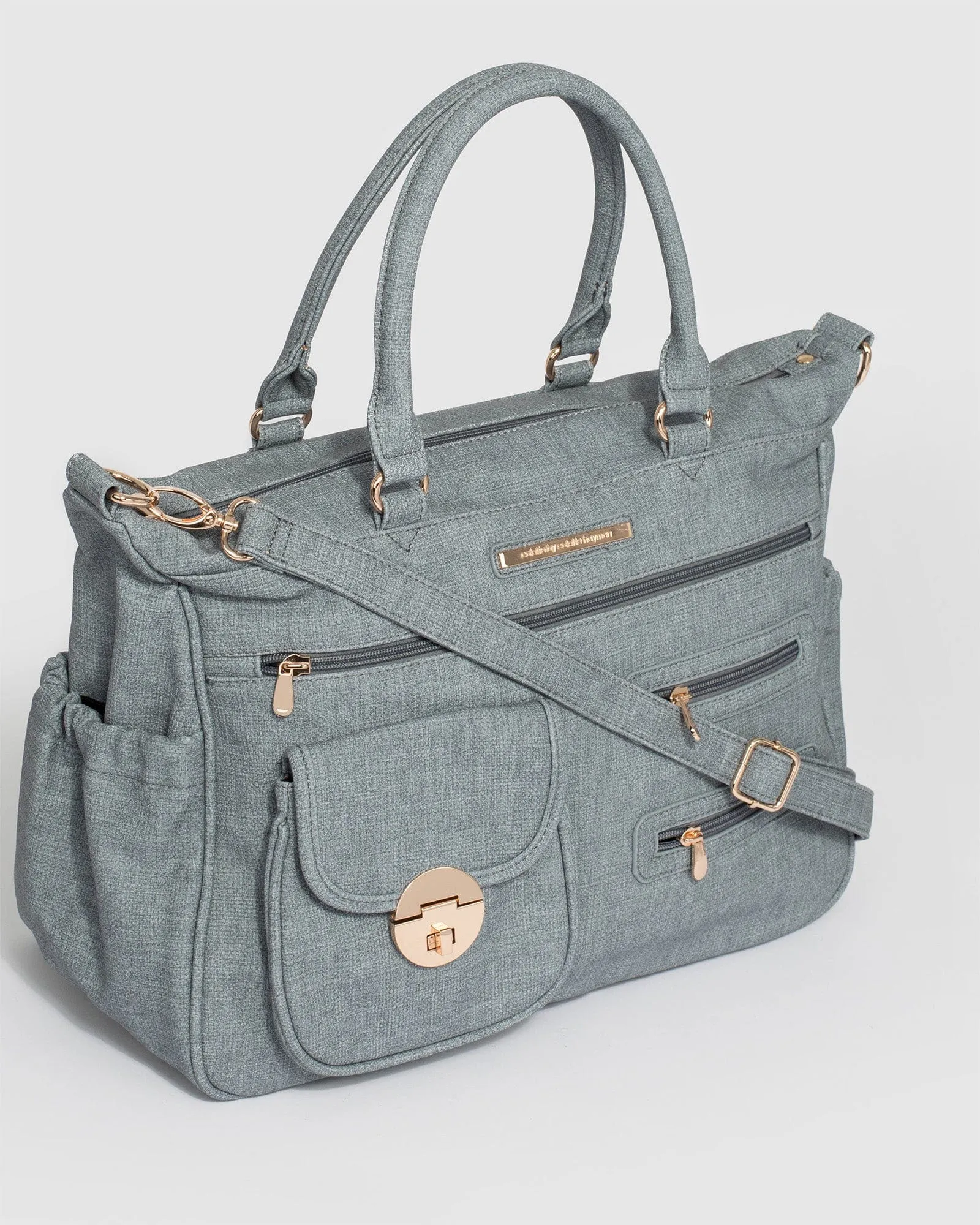 Blue Pocket And Zip Baby Bag With Gold Hardware