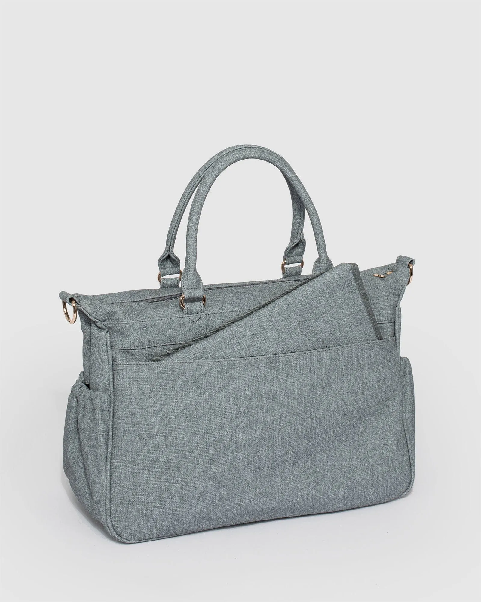 Blue Pocket And Zip Baby Bag With Gold Hardware