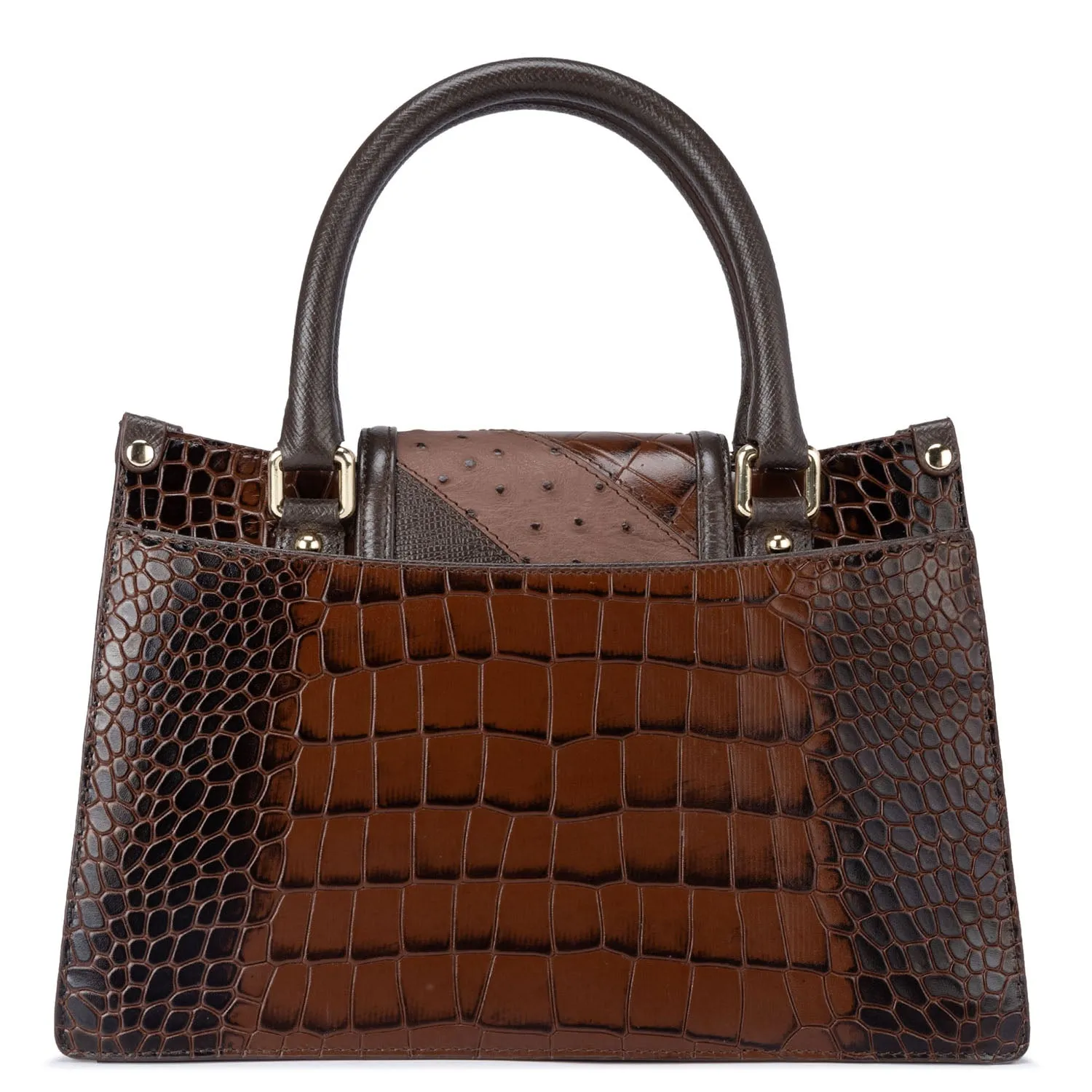 Medium Croco Ostrich Leather Satchel - Brown